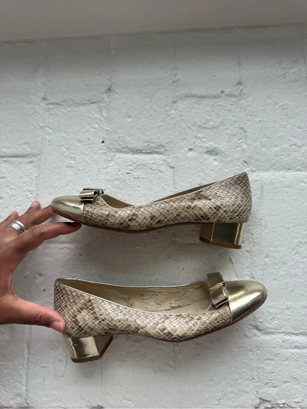 Coach ‘Rivera’ Metallic Taupe Snake-Print Low Block Heel Flats with Bow